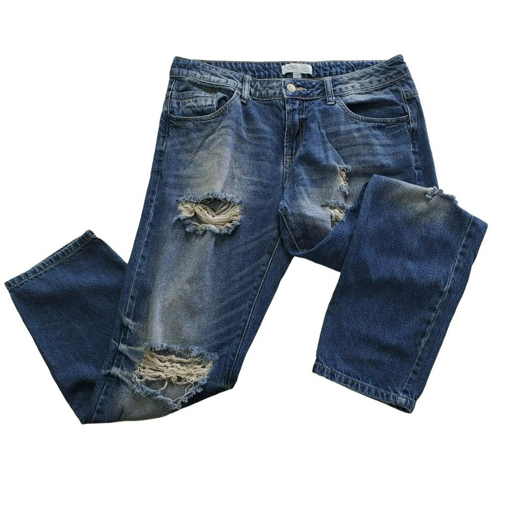 Cello Womens Distressed Destroyed Cropped Leg Jeans‎ Size 5 Medium Wash Mid Rise